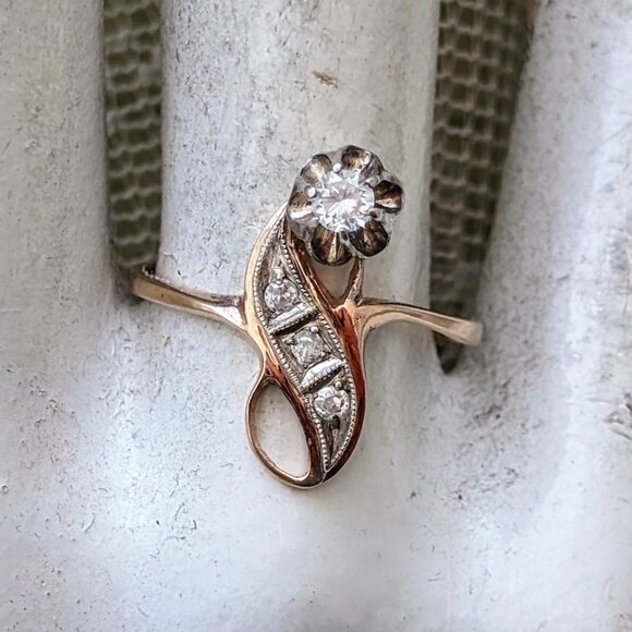 Russian USSR 14K Rose Gold 875 Silver Clear Paste Stones Flower RING